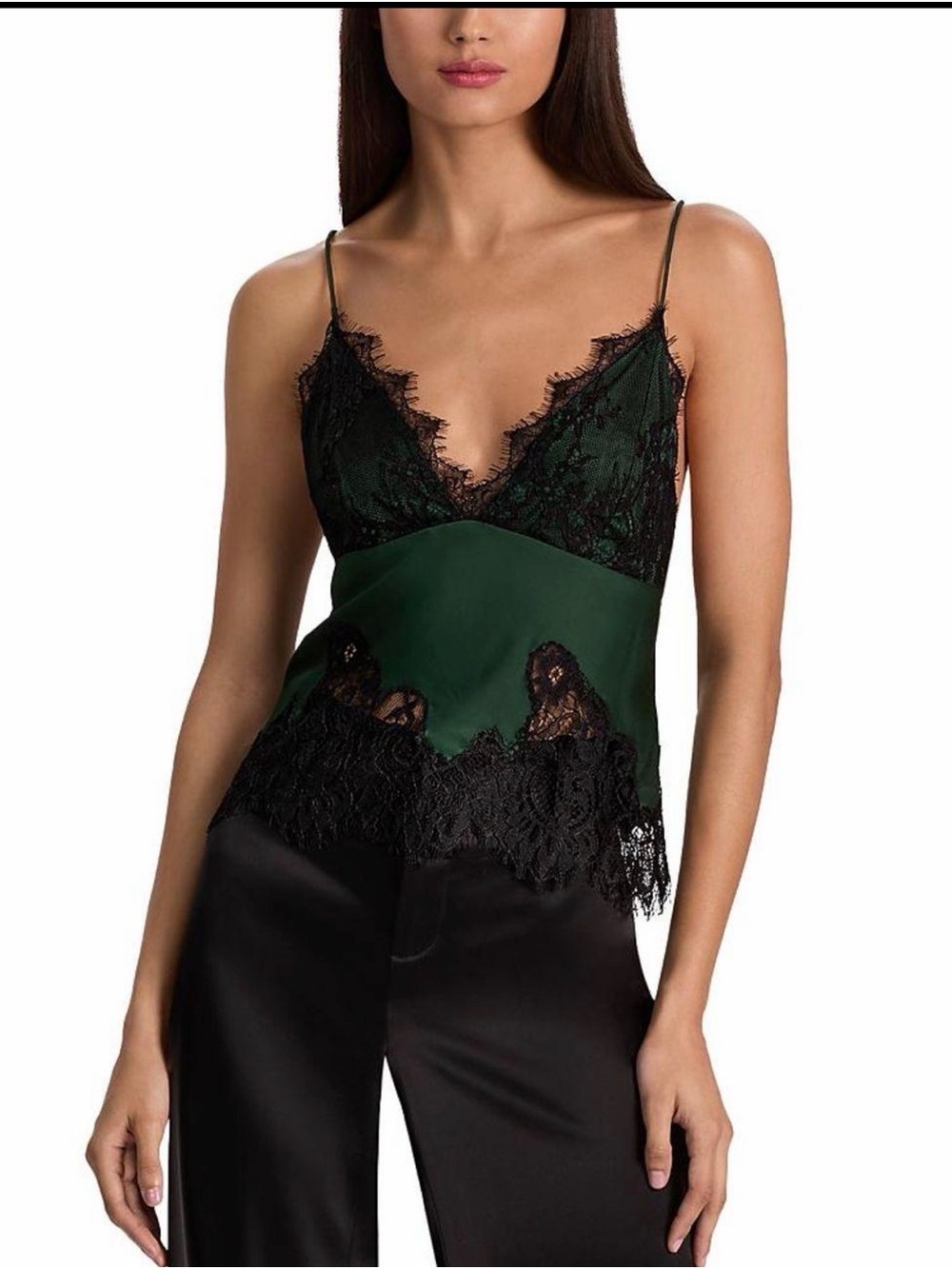Alice + Olivia Dark Green Silk Cami with Black Lace Trim